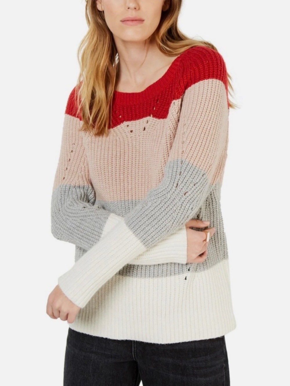 Lucky Brand Pointelle Knit Colorblock Sweater L